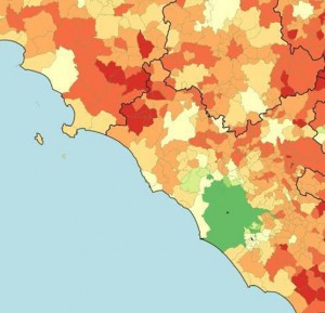 La mappa del reddito della provincia di Viterbo (in rosso i comuni più poveri)